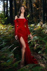 Velvet evening dresses long red | Prom Evening Dresses with sleeves
